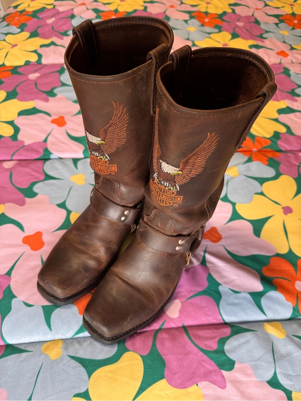 ❤️‍🔥Harley-Davidson Brown Leather Eagle Embroidered Harness Boots
